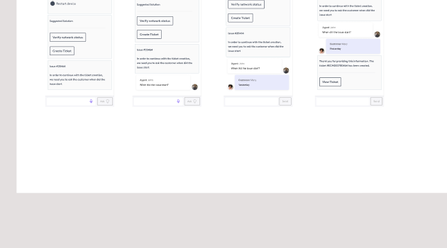 Ticket tagging concept: agent copilot chat walking through automatic ticket creation and a confirmation screen with a View Ticket action