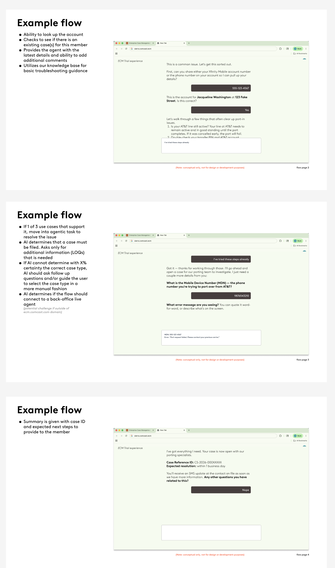 Example flow: the AI looks up the account, walks through common troubleshooting steps for a porting issue, and when those fail, asks only for the two remaining details it needs before opening a case and giving the member a case reference ID and expected resolution time