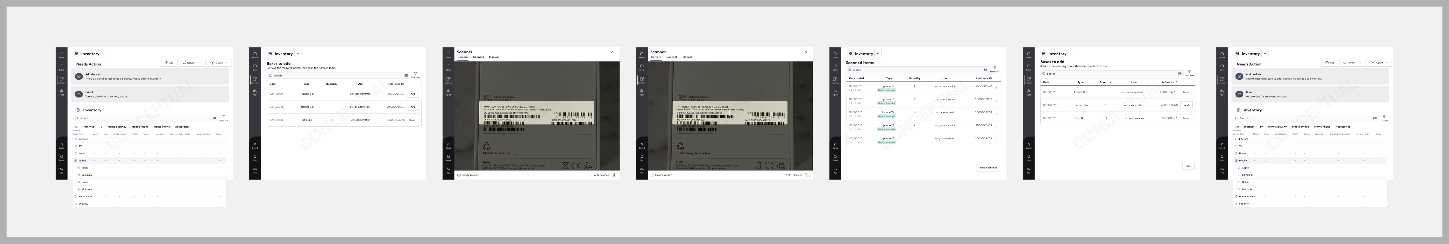 Retail desktop tool: Needs Action dashboard, categorized inventory list, and the Add Inventory boxes-to-scan flow