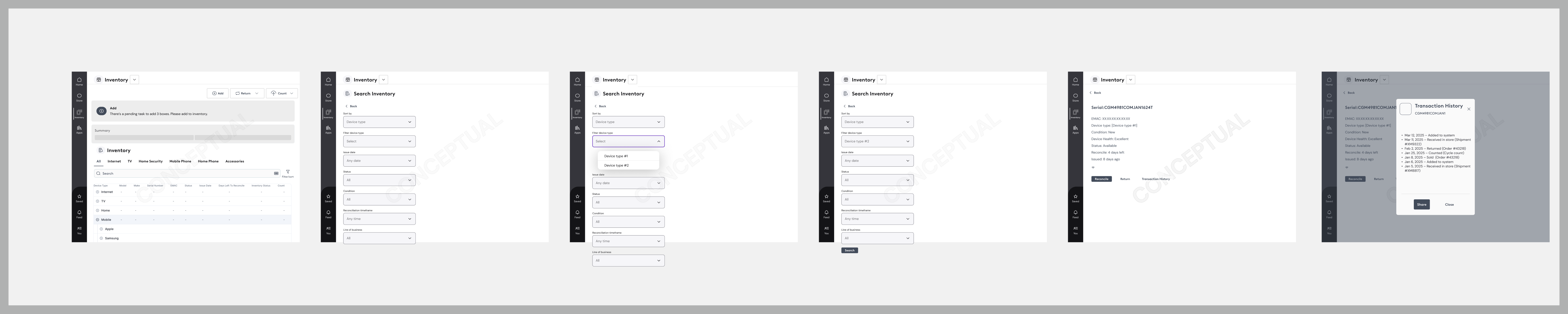 Retail desktop tool: search and filter panel plus a device detail view showing full transaction history — added to system, received in store, returned, sold, received again