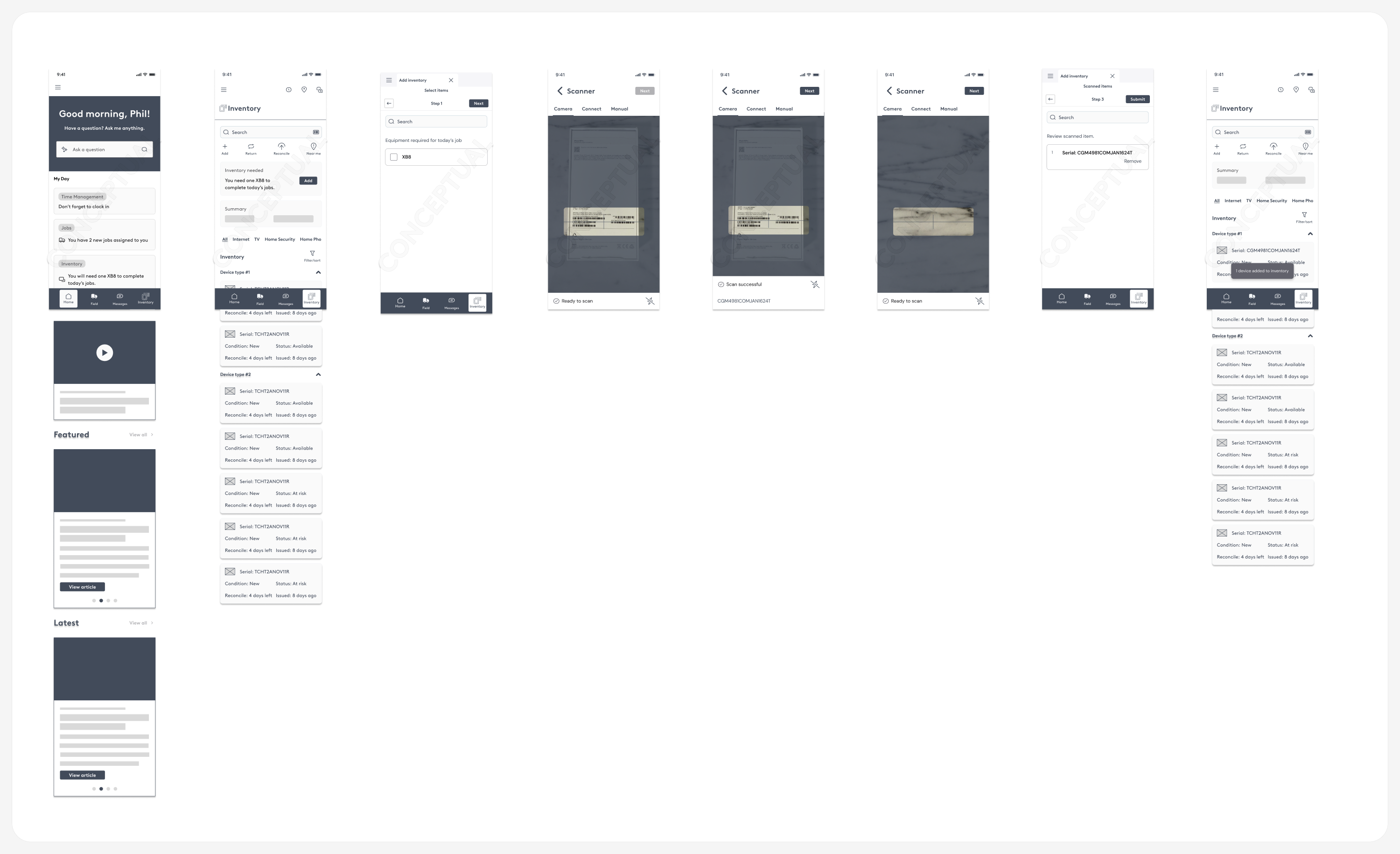 Technician mobile app: home dashboard, inventory list grouped by device type with status badges, and the Add Inventory scan flow
