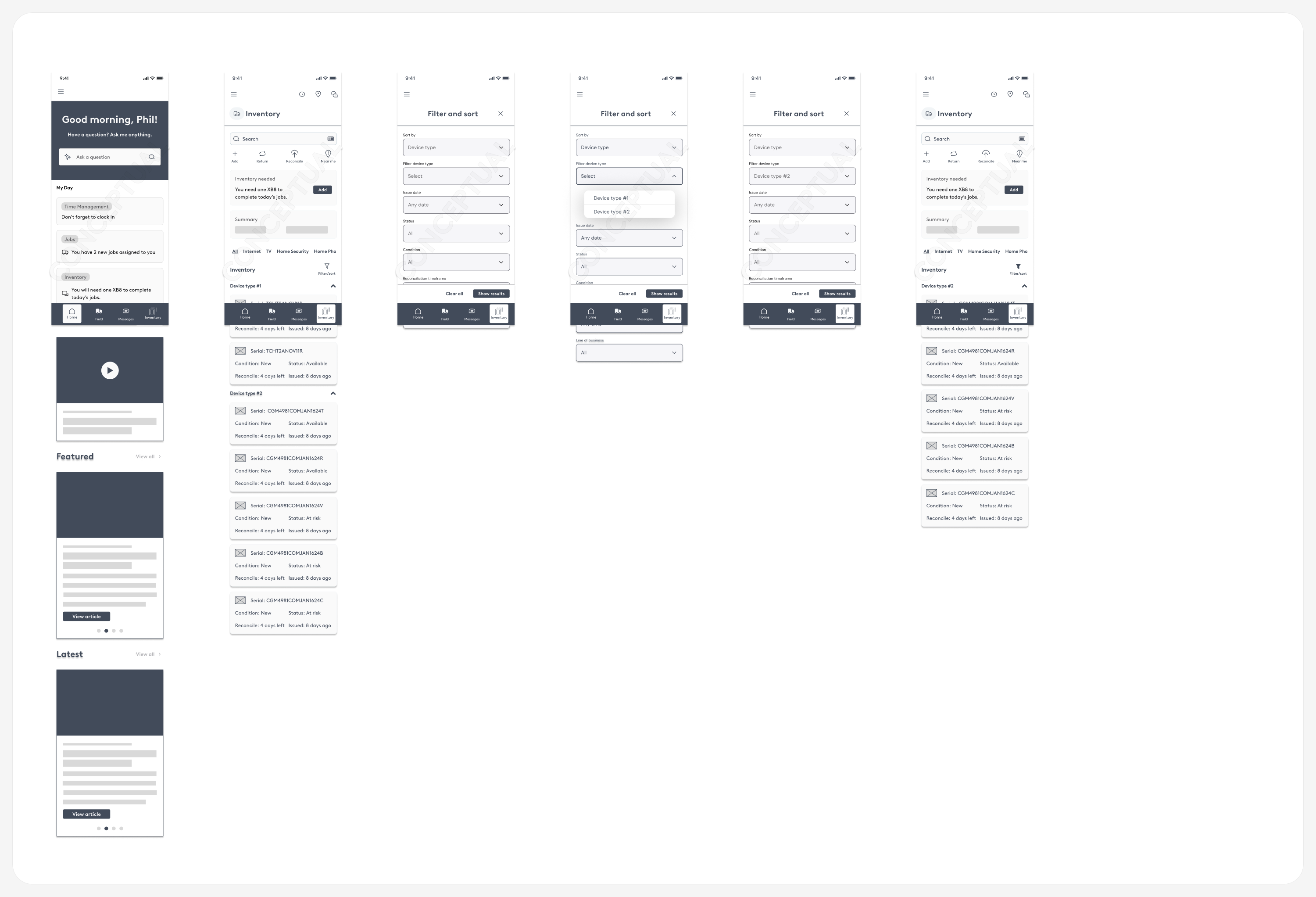 Technician mobile app: filter and sort panel with device type, issue date, status, condition, and reconciliation timeframe filters
