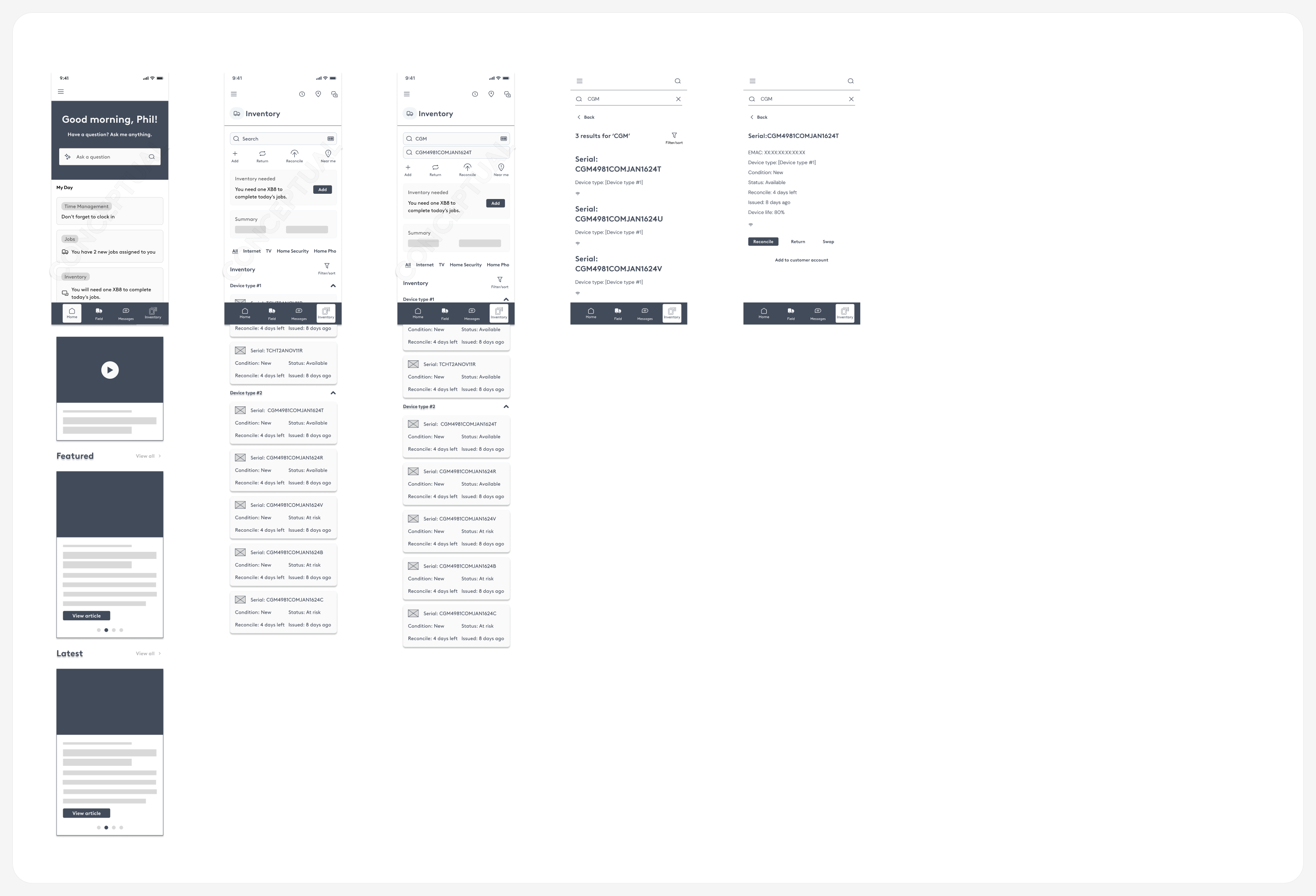 Technician mobile app: search results and device detail screen with Reconcile, Return, and Swap actions