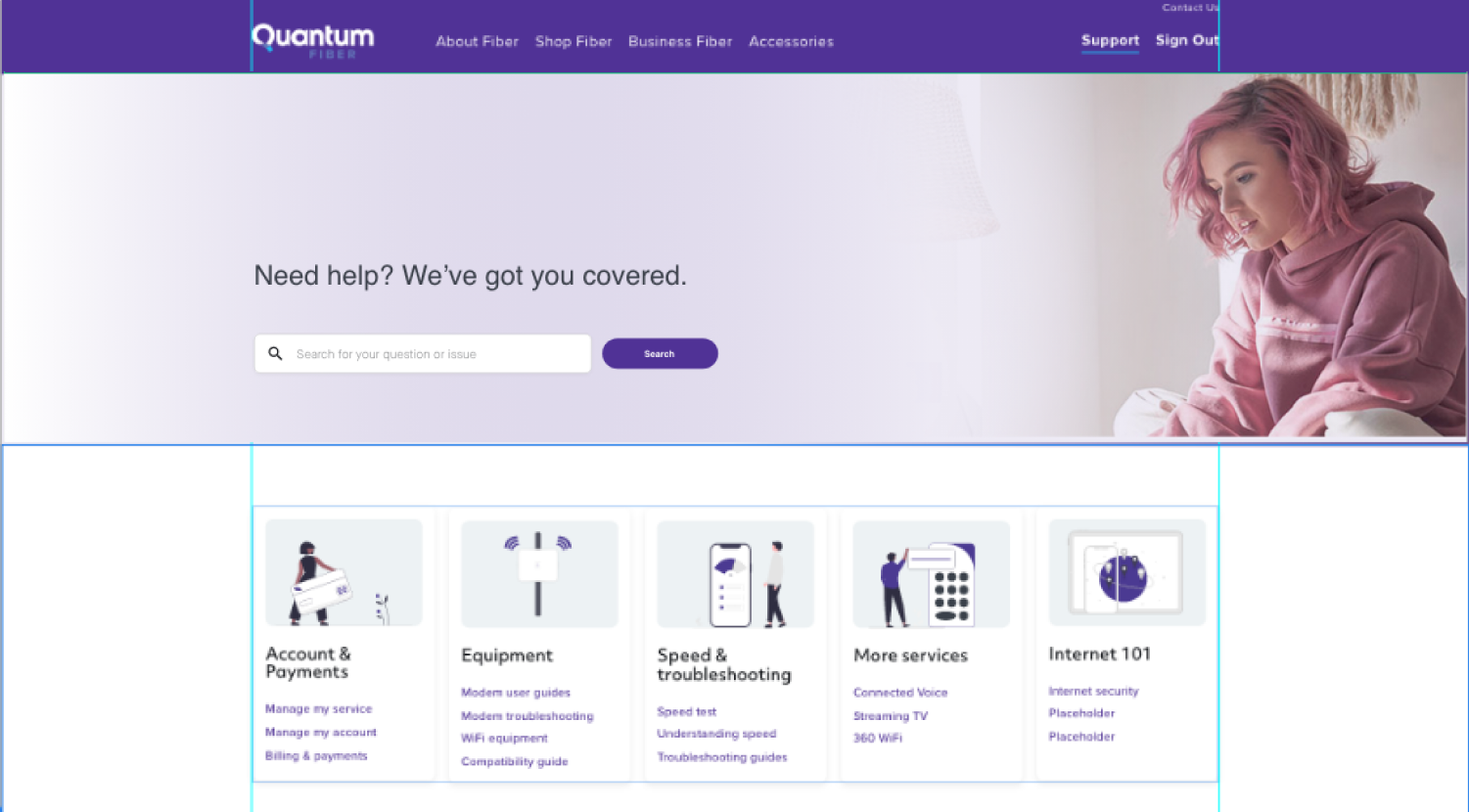 Shipped Quantum Fiber support center landing page — search bar, five category cards (Account & Payments, Equipment, Speed & Troubleshooting, More Services, Internet 101)
