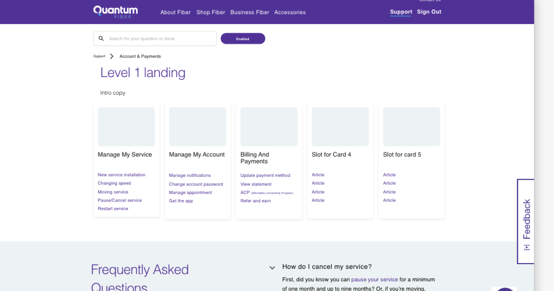 Level 1 landing page template: breadcrumb, heading, five topic cards (Manage My Service, Manage My Account, Billing And Payments, plus open card slots), and an FAQ accordion