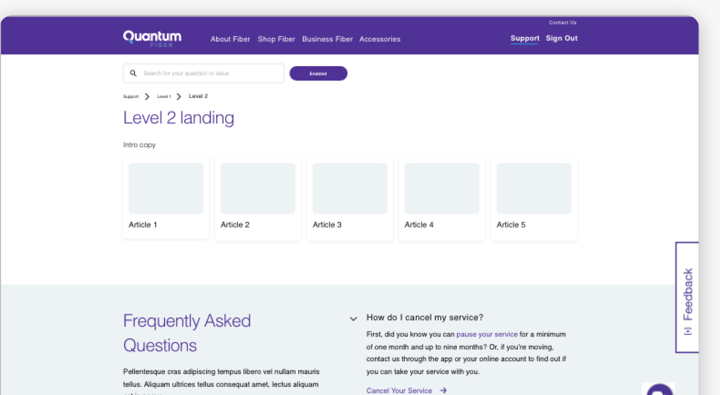 Level 2 landing page template: search bar, breadcrumb, heading, five article cards, and an FAQ accordion