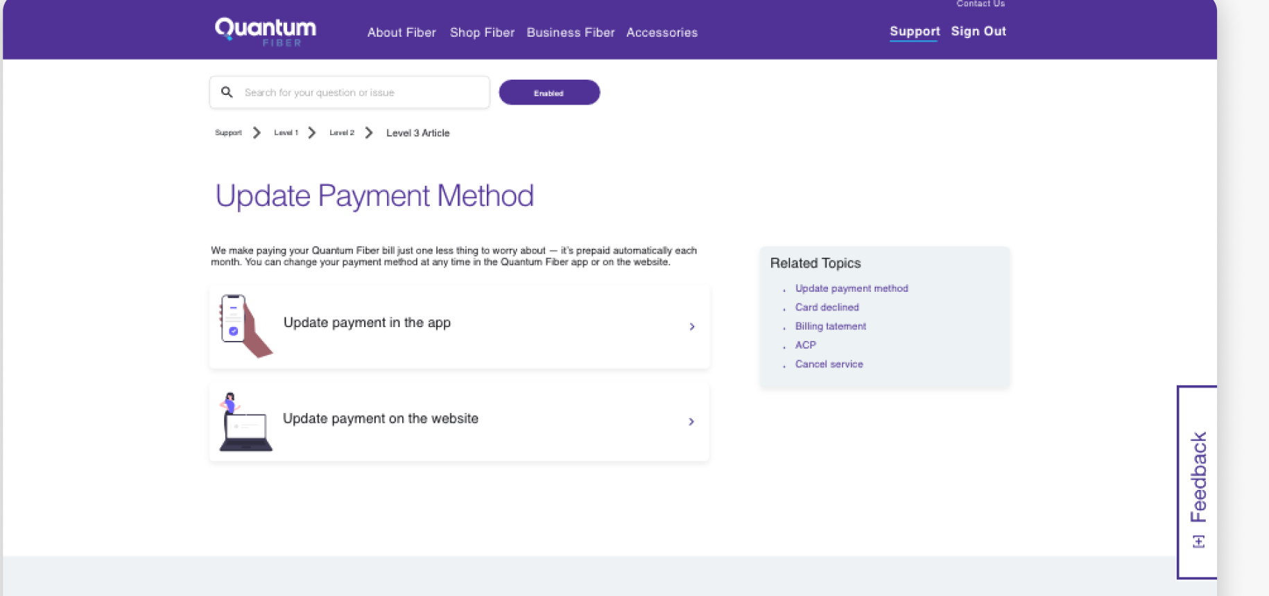 Level 3 article template: article title, two task cards (update payment in the app, update payment on the website), and a Related Topics sidebar