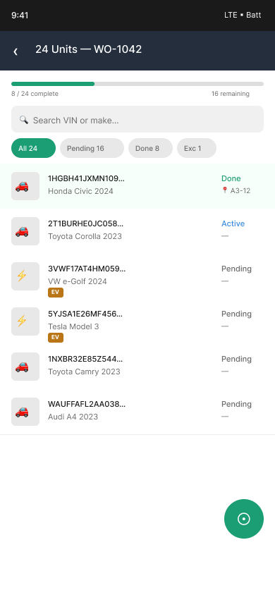 Cargo list concept for a work order, filterable by status