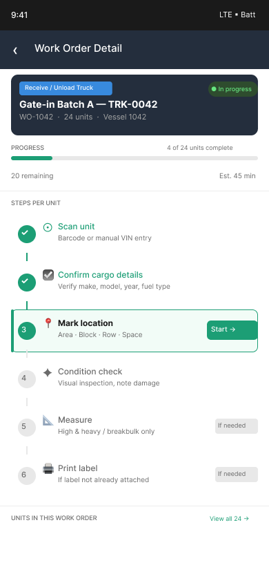 Work Order detail concept with a Mark Location step (Area, Block, Row, Space) and Condition Check step